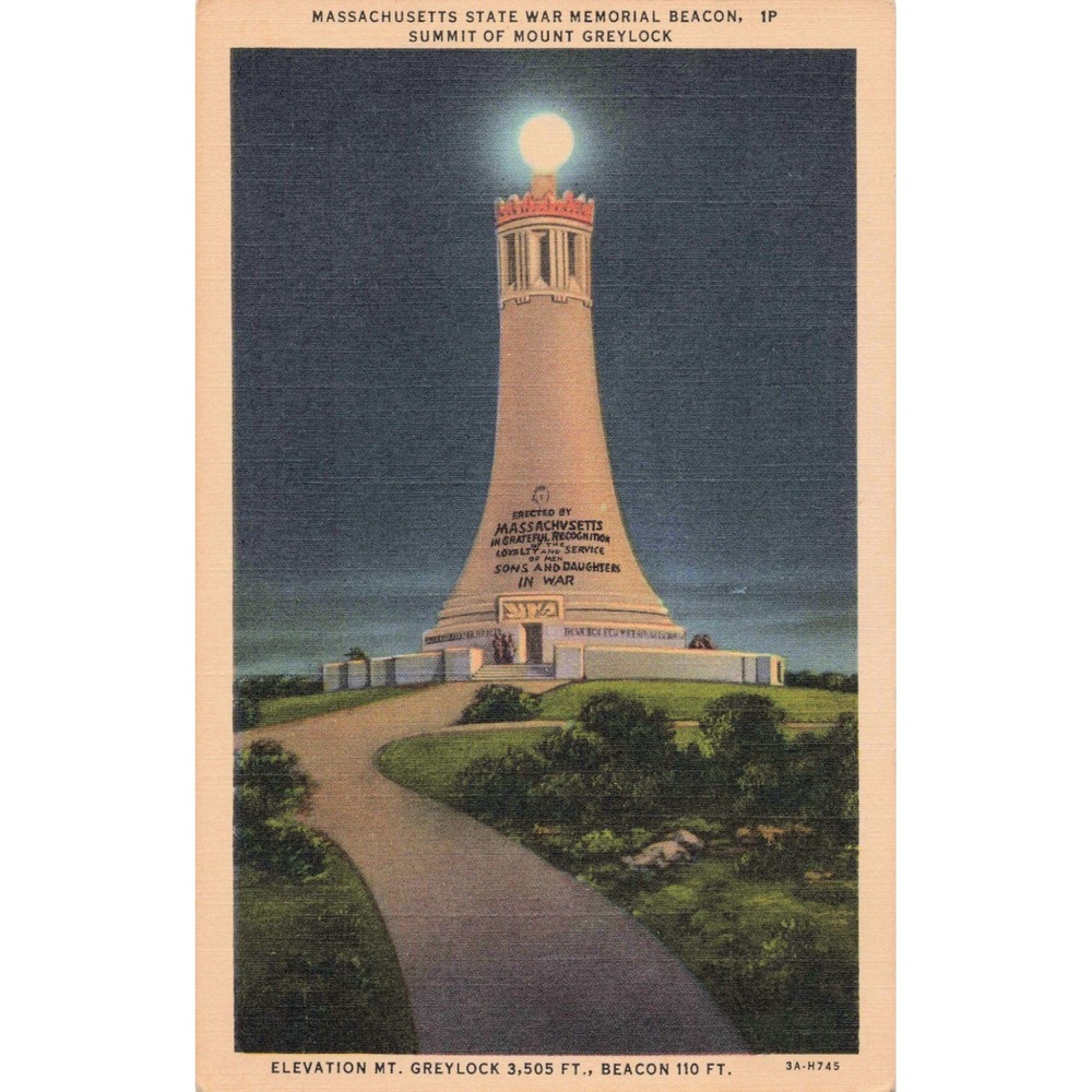 Massachusetts State War Memorial Beacon Mount Greylock Vintage Linen Postcard